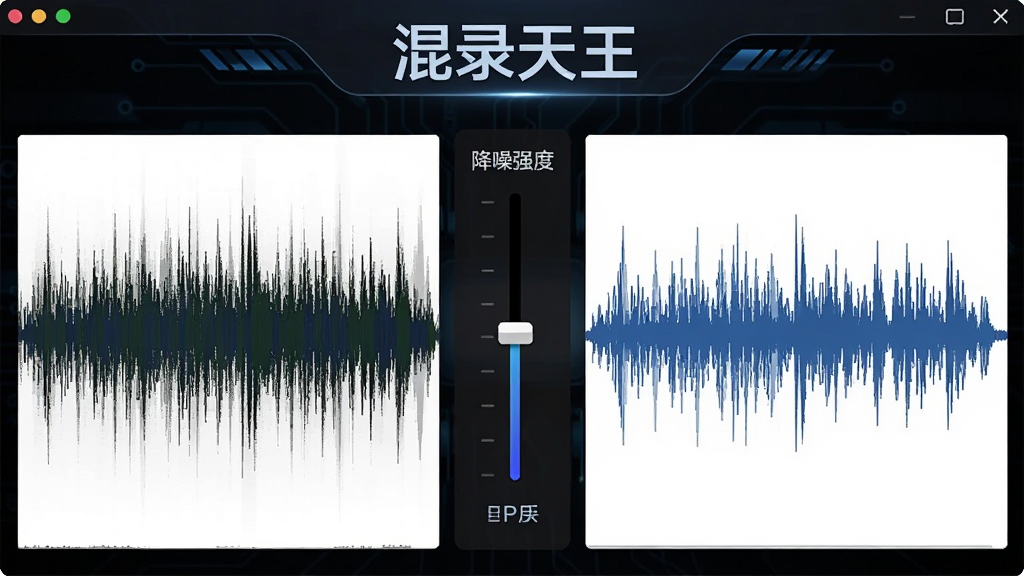 一张展示混录天王智能降噪功能的图片,画面左侧是带有噪声的波形图,右侧是修复后的干净波形,中间有降噪强度调节滑块,背景为深色科技感界面,整体风格专业严谨,突出“混录天王”软件名称,画质细腻,干净无多余元素。