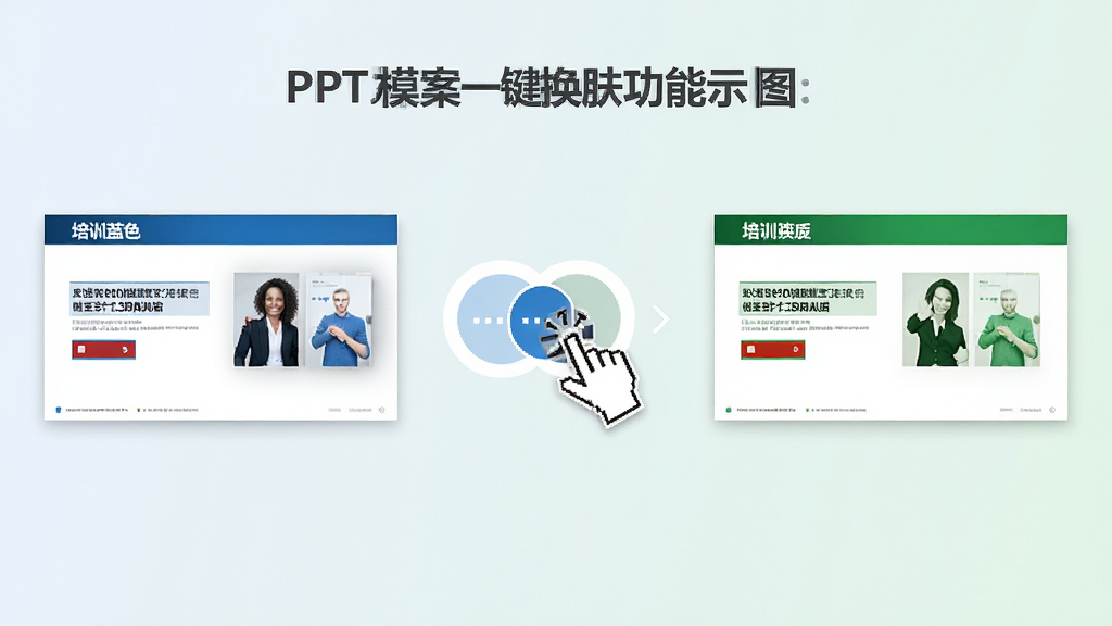 培训方案PPT模板一键换肤功能示意图,画面展示同一套PPT在三种不同配色方案下的效果对比,分别是蓝色、红色和绿色主题,页面左右排列,中央有鼠标点击切换的示意,背景为浅色渐变,布局对称,排版整洁,风格商务简约,细节精致,画质干净,无多余元素