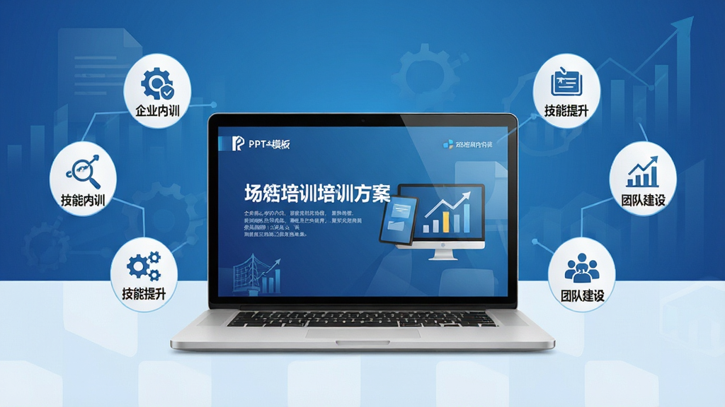 培训方案PPT模板主视觉图,画面中央是一台打开的笔记本电脑,屏幕显示精美的培训方案PPT页面,周围散落着各类培训主题图标如企业内训、技能提升、团队建设,背景为渐变蓝色商务风格,布局干净整洁,排版层次分明,风格专业大气,细节丰富,画质高清,干净无多余元素