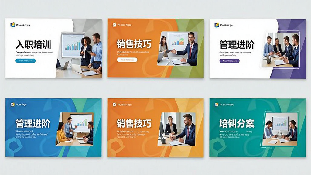 培训方案PPT模板场景化模板展示图,画面以多宫格形式呈现多种培训主题的PPT封面,包括入职培训、销售技巧、管理进阶等,每个封面设计精美,色彩明快,布局整齐,整体排版错落有致,风格清新商务,细节清晰,画质干净,无多余元素