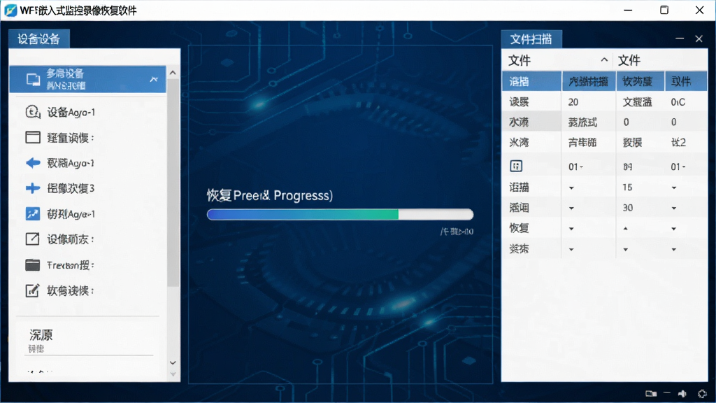 WFS嵌入式监控录像恢复软件的主界面截图,深蓝色科技感背景,左侧设备列表,右侧文件扫描结果展示,中间显示恢复进度条,界面布局清晰,画质细腻,干净无多余元素