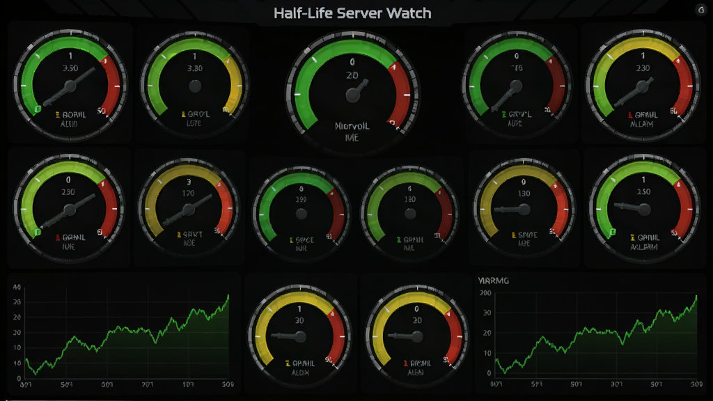 ����Ϊ��Half-Life Server Watch��ʵʱ����Ǳ��̣�����Ϊ���Բ���Ǳ�������ͼ���У��Ű�Գƣ����Ϊ�Ƽ�����ɫ���棬ϸ����ʾ��ɫ��������ɫ���桢��ɫ����״̬�������������ɾ��޶���Ԫ�ء�