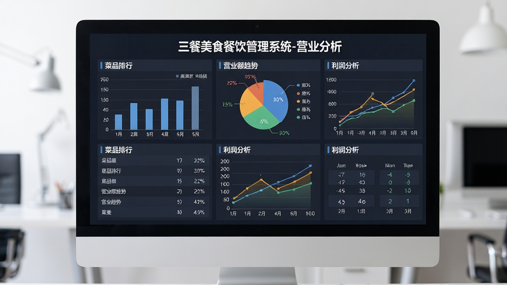 电脑屏幕显示多维数据报表,包括柱状图、饼图和折线图,布局专业,排版规范,风格商务,细节有菜品排行、营业额趋势、利润分析,画质清晰,干净,无多余元素,报表标题为“三餐美食餐饮管理系统-营业分析”