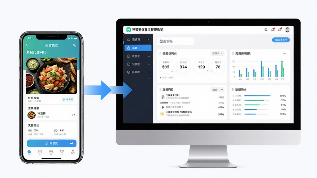 一部手机和一台电脑并排显示软件界面,手机端显示点餐页面,电脑端显示报表,布局均衡,排版直观,风格科技,细节有数据同步箭头,画质清晰,干净,无多余元素,界面标注“三餐美食餐饮管理系统”
