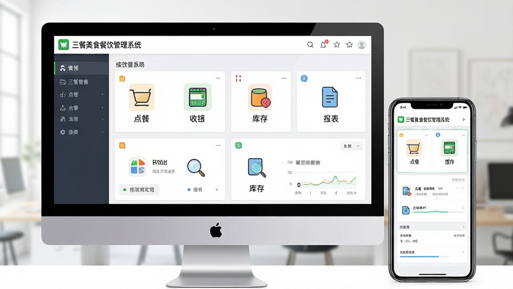 一张现代餐饮管理系统的界面截图,主体为电脑屏幕和手机并排展示,布局清晰,排版整洁,风格简约商务,细节包含点餐、收银、库存、报表等模块图标,画质高清,干净,无多余元素,屏幕上显示“三餐美食餐饮管理系统”字样