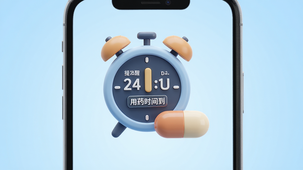 即库智能用药提醒功能预览图,主体为手机闹钟与药丸图标结合,背景为浅蓝色渐变,布局居中,排版简洁,风格为3D渲染,细节包括提醒时间标签“用药时间到”,画质细腻,干净无多余元素。