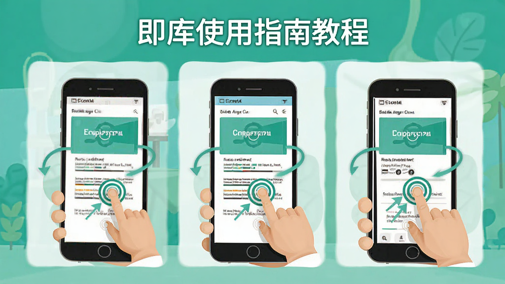 即库使用指南教程配图,主体为手机操作步骤示意图,布局分步展示,排版清晰,风格为扁平插画,细节包括点击手势与箭头指示,画质干净。