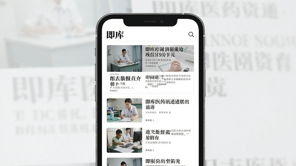 即库医药资讯界面预览,主体为手机屏幕显示新闻列表,布局单列瀑布流,排版疏朗,风格为简约杂志风,细节包括文章缩略图与标题,左上角“即库”Logo,画质干净。