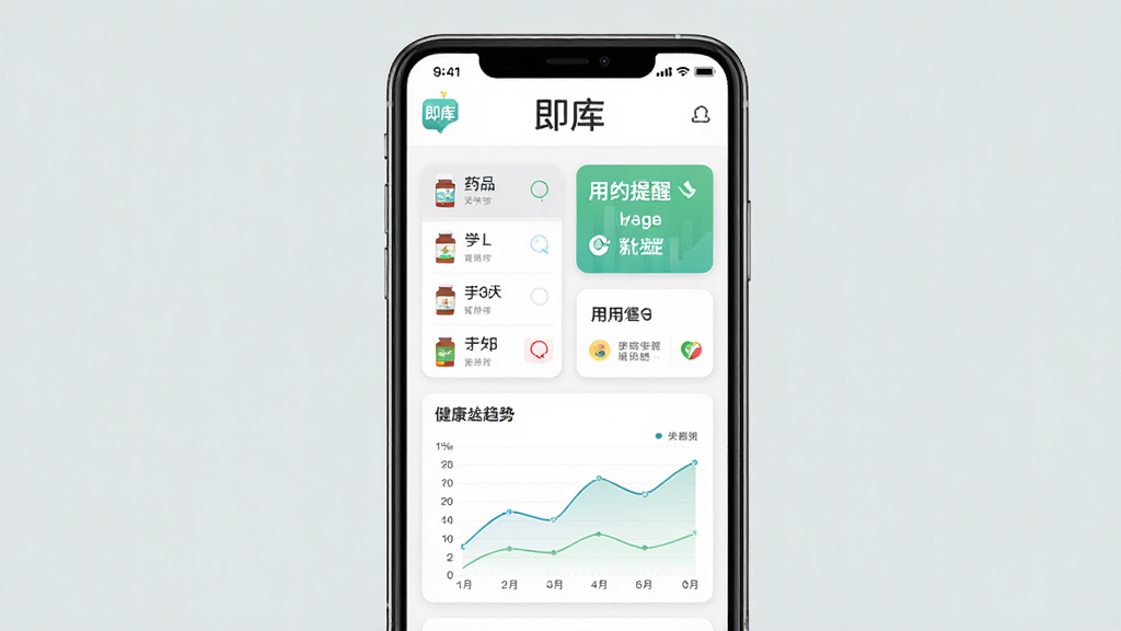 即库医药健康管理软件主界面展示,主体为智能手机屏幕界面,界面显示“即库”图标与健康数据仪表盘,布局清晰,左右对称,风格为现代扁平化设计,细节包括药品列表、用药提醒卡片、健康趋势图表,画质高清,干净无多余元素。
