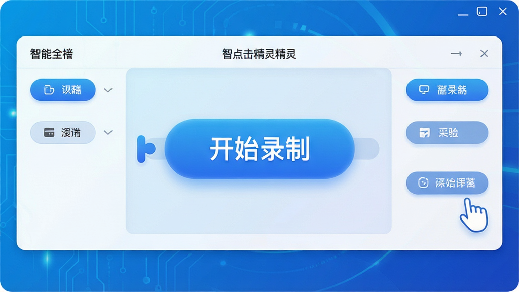 智能点击精灵主界面截图,展示简洁的操作面板,中央有醒目的“开始录制”按钮,背景为科技蓝渐变色调,布局清晰,按钮圆润,画质干净,无多余元素