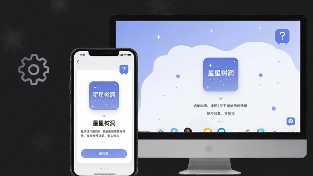 画面主体为手机与电脑并排摆放,屏幕上均显示“星星树洞”应用,旁边有设置齿轮图标与问号气泡,布局为平视视角,风格为简洁科技感,细节包括屏幕上的操作提示文字,画质清晰干净,无多余元素