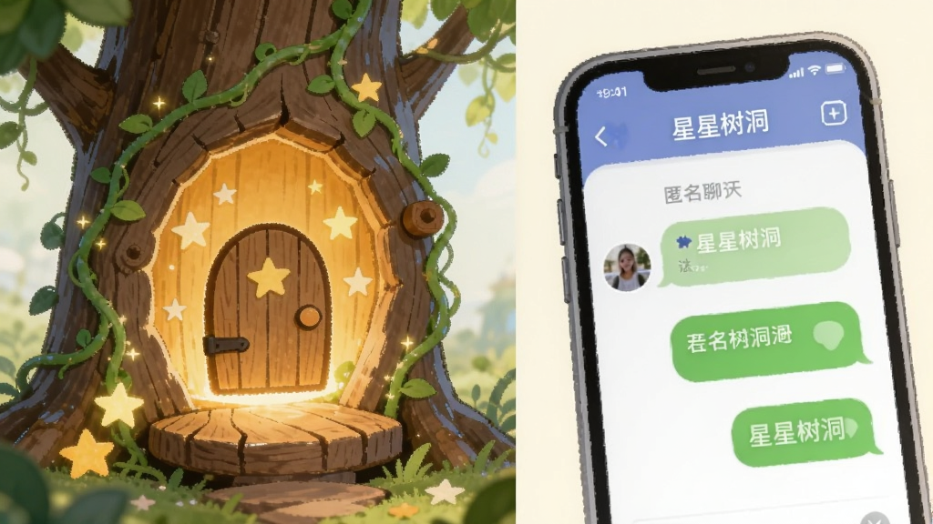 画面主体为一个被绿色藤蔓与星星环绕的木质树洞,树洞内透出温暖的光,旁边有一部手机屏幕显示“星星树洞”匿名聊天界面,布局为左右分屏,左侧是树洞实景,右侧是手机界面特写,风格为清新手绘风,细节包括树洞上的小门与星光装饰,画质柔和明亮,干净无多余元素