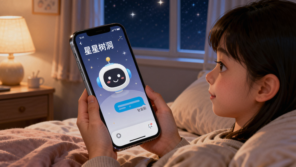 画面主体为一个女孩抱着手机躺在床上,手机屏幕显示“星星树洞”的智能对话界面,机器人头像带着微笑,布局为斜侧方视角,突出手机屏幕内容,风格为温馨写实插画,细节包括房间的夜灯与窗外的星空,画质清晰柔和,干净无多余元素