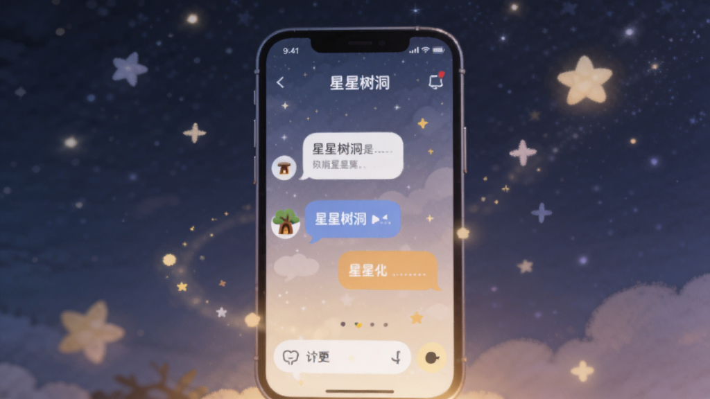 画面主体为一部亮着柔和星光的智能手机,屏幕中显示“星星树洞”App的温暖主界面,背景是深邃的夜空与闪烁的星星,布局采用居中构图,手机位于视觉中心,周围环绕着柔光与飘浮的星光粒子,风格为治愈系插画,细节包括手机屏幕上的对话气泡与树洞图标,画质细腻柔和,干净无多余元素