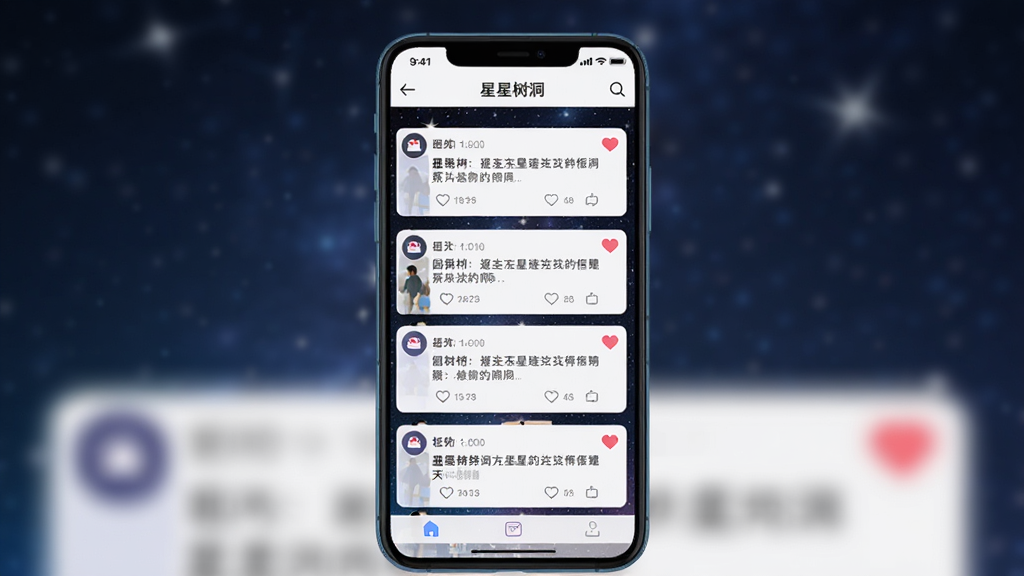 画面主体为手机屏幕上的“星星树洞”社区页面,显示多条匿名帖子,每一条都有爱心点赞图标,背景是模糊的星空,布局为手机居中,屏幕内容清晰,风格为扁平化UI设计,细节包括帖子内容与互动按钮,画质干净明亮,无多余元素