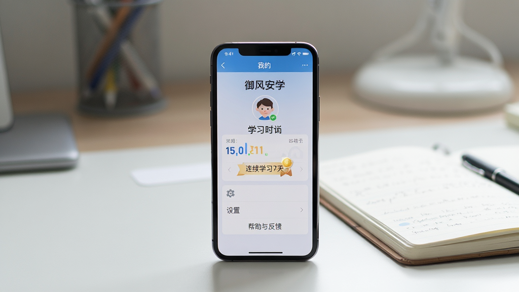 主体:一张书桌近景,桌面上摆放着手机与笔记本,手机屏幕显示“御风安学”的“我的”页面。布局:桌面物体呈三角形摆放,手机屏幕朝向镜头,背景虚化。排版:页面上方显示用户头像与学习时长统计,下方有“设置”与“帮助与反馈”选项。风格:写实生活风,光线柔和。细节:手机屏幕上显示“御风安学”的字样以及“连续学习7天”的成就徽章。画质:高清,干净,无多余元素。