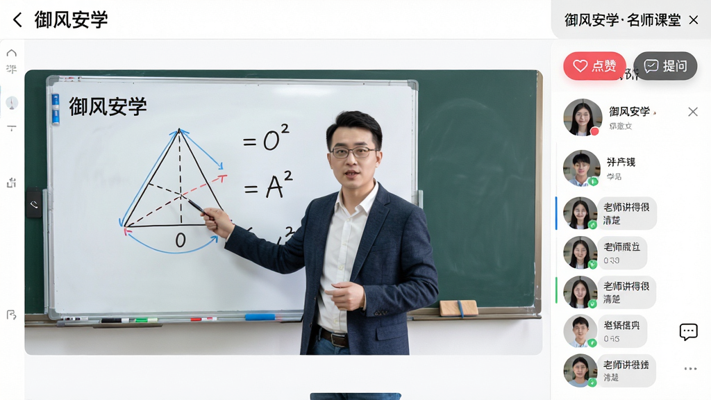 主体:“御风安学”应用内的一节直播课界面,教师正在讲解一道几何题,白板上绘制着辅助线。布局:屏幕界面居中展示,左侧为课件区域,右侧为实时讨论区与学员在线列表。排版:界面设计简洁,直播画面流畅无延迟,讨论区有“老师讲得很清楚”等留言。风格:扁平化与写实结合,界面高清。细节:画面右上角显示“御风安学名师课堂”字样,下方有“点赞”与“提问”的悬浮按钮。画质:超清,干净,无多余元素。