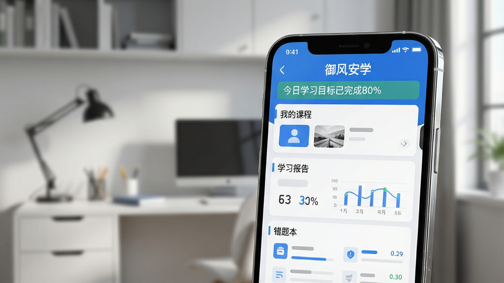 主体:一款名为“御风安学”的教育软件在智能手机上运行的界面特写,屏幕中显示着整洁的课程列表与学习进度图表。布局:手机位于画面中央偏右,背景为模糊的现代简约书房场景,营造专注学习氛围。排版:手机屏幕内UI元素清晰可见,主色调为蓝色与白色,功能模块分为“我的课程”、“学习报告”和“错题本”。风格:写实科技感,光影自然,画质细腻。细节:手机边缘有细腻的高光,屏幕中显示“御风安学”字样与“今日学习目标已完成80%”的提示条。画质:8k分辨率,干净,无多余元素。