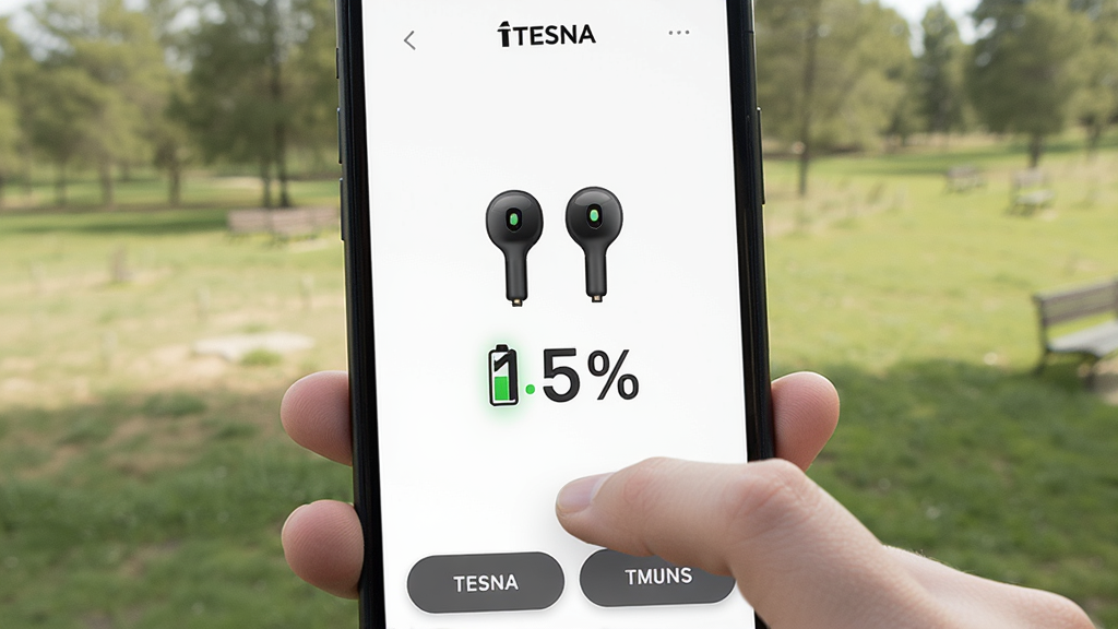 主体:用户手持手机使用TESNA应用,界面显示耳机管理页面。布局:手机屏幕中央显示耳机图标与电量百分比,背景为模糊的户外场景。排版:屏幕上方有“TESNA”字样,下方为功能按钮。风格:自然光,真实摄影风格。细节:耳机图标清晰,电量数字醒目,手指点击屏幕。画质:高清,干净无多余元素。