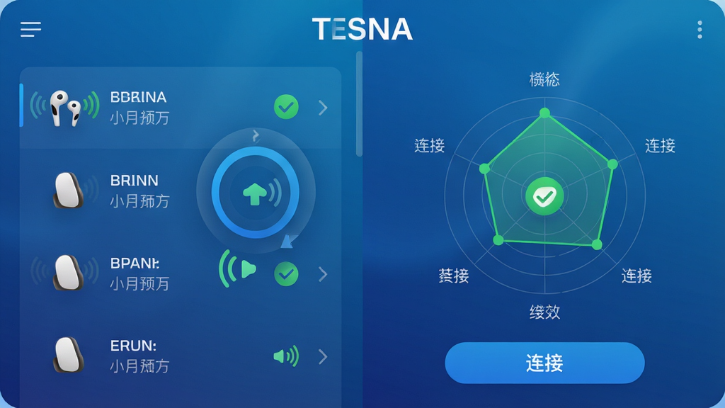 主体:TESNA应用连接管理界面截图,展示手机与耳机蓝牙配对动画。布局:左侧为耳机设备列表,右侧为连接状态雷达图。排版:界面顶部有“TESNA”字样,中间为圆形连接动画,底部为“连接”按钮。风格:科技蓝渐变背景,点缀绿色连接成功图标。细节:耳机图标带有信号波纹,状态文字清晰。画质:高清渲染,干净无多余元素。