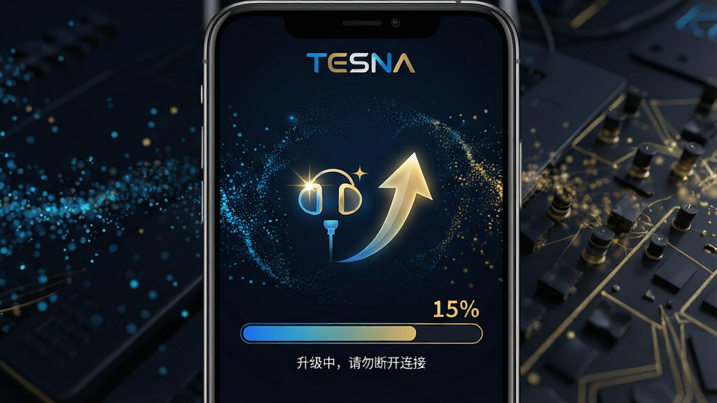 主体:TESNA固件升级界面,手机屏幕显示升级进度条。布局:中央为耳机图标与上升箭头,背景为动态粒子效果。排版:顶部有“TESNA”标识,进度条下方显示“升级中,请勿断开连接”提示。风格:深色背景,科技蓝与金色点缀。细节:进度条百分比数字清晰,耳机图标带有闪光效果。画质:4K高清,干净无多余元素。