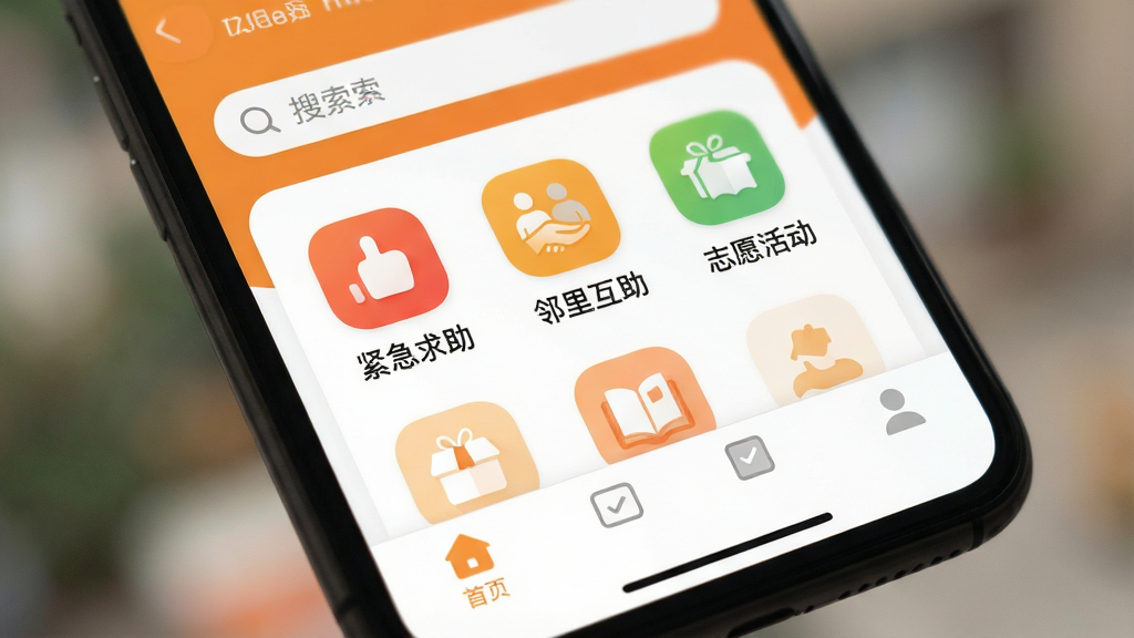 一张手机屏幕特写,屏幕中清晰显示“帮忙趣”APP的主界面,界面风格简洁明快,以温暖的橙色和白色为主色调,顶部有搜索栏,中间是分类图标如“紧急求助”、“邻里互助”、“志愿活动”,底部导航栏清晰。整体布局扁平化设计,图标圆润,背景虚化,突出APP界面。画质高清,干净,无多余元素。