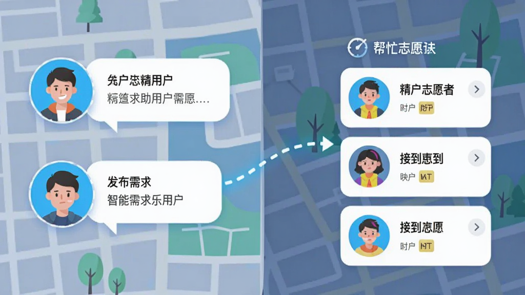 展示“帮忙趣”APP的智能匹配过程,画面分为左右两部分,左边是发布求助的用户头像和需求气泡,右边是接收到推送的志愿者列表,两者之间有一条发光的虚线连接,背景是简化了的地图网格。风格现代,扁平化插画风,色彩明快,突出“精准”和“快速”的感觉。画质干净,无多余元素。