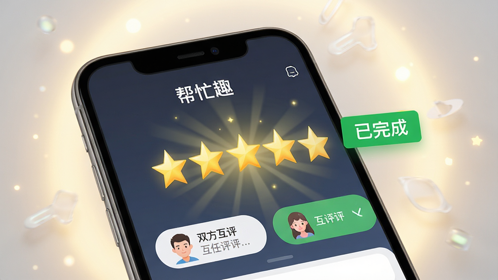 一张“帮忙趣”APP的信用评价界面截图概念图,屏幕上显示五星好评的动画效果,旁边有“已完成”的绿色标签和双方互评的按钮。背景是柔和的光晕,风格写实,突出“安全”和“信任”的氛围。画质高清,干净,无多余元素。