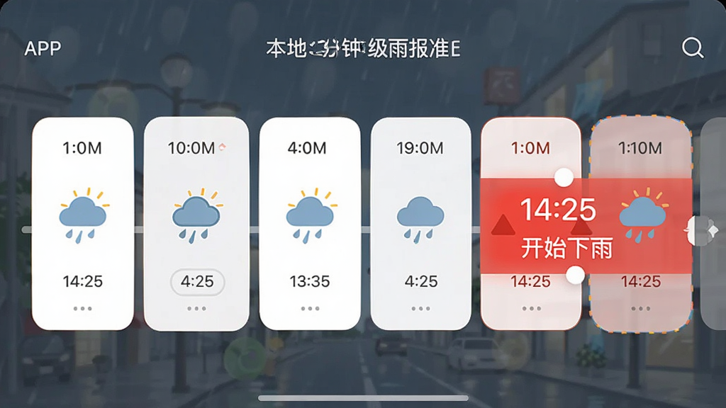 主体为“本地天气雨报准”APP的分钟级预报界面截图,布局采用时间轴横滑设计,排版清晰展示不同时间点的降雨强度图标,风格为现代简洁的UI设计,细节突出“14:25 开始下雨”的红色高亮提醒文字,画质细腻,干净无多余元素
