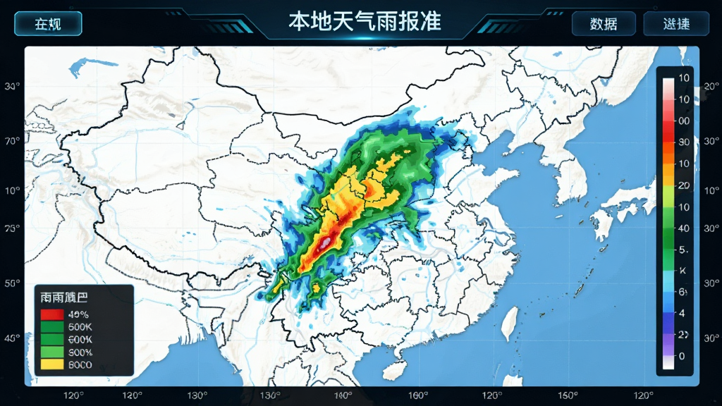 主体为“本地天气雨报准”的降雨雷达云图全屏展示,布局为地图居中,周边有简洁的功能按钮,风格为科技感的数据可视化风格,细节包括色块图例和经纬度网格线,画质清晰,干净无多余元素