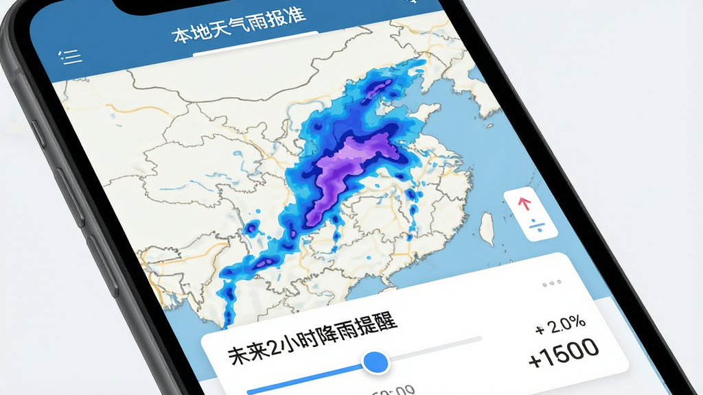 主体为手机屏幕展示“本地天气雨报准”的降雨雷达地图界面,地图上以蓝色和紫色色块动态显示降雨云团移动路径,屏幕下方清晰显示“未来2小时降雨提醒”卡片,布局简洁明了,排版突出地图核心区域,风格为扁平化设计,细节包括时间轴滑动条和降雨概率百分比数字,画质高清,干净无多余元素
