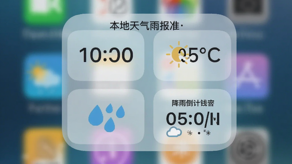 主体为“本地天气雨报准”在手机桌面上显示的小部件插件,布局为4x2尺寸的透明卡片,排版显示时间、温度和降雨倒计时,风格为Material Design风格,细节包括雨滴动画图标和圆角背景,画质通透,干净无多余元素
