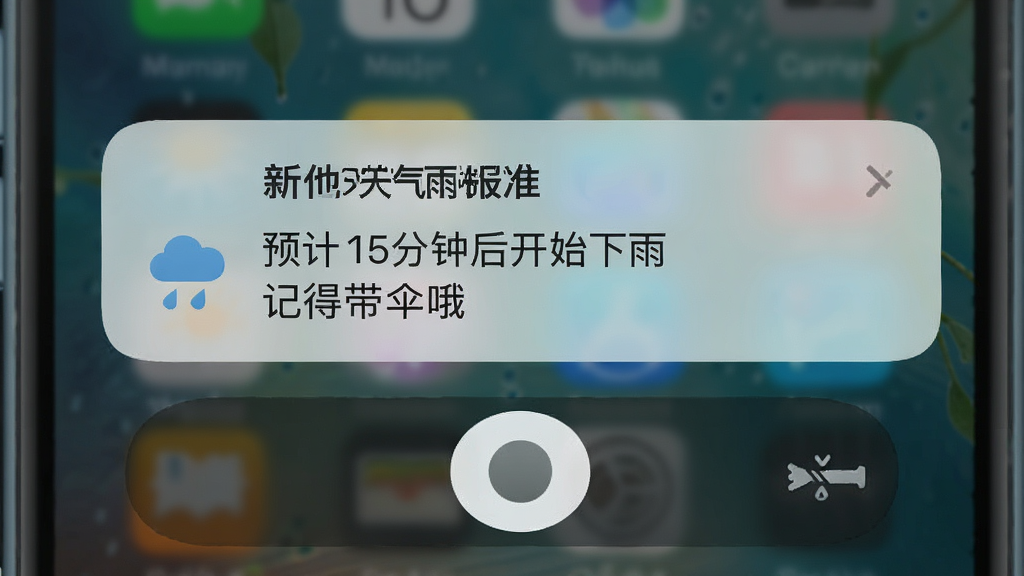 主体为手机锁屏界面弹出“本地天气雨报准”的降雨提醒通知,布局为通知卡片居中,排版显示“预计15分钟后开始下雨”和“记得带伞哦”字样,风格为拟物化的锁屏界面,细节包括雨滴图标和滑动解锁条,画质柔和,干净无多余元素