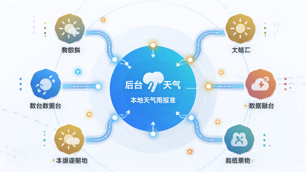 主体为“本地天气雨报准”的后台数据融合示意图,布局以中心圆图展示多源数据汇聚,排版四周环绕不同数据源图标,风格为抽象的信息图设计,细节包括数据流动的线条和闪烁节点,画质明亮,干净无多余元素