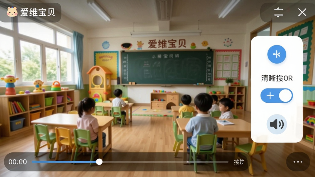 主体是“爱维宝贝”APP的视频监控播放界面,布局为横屏显示,画面左侧是幼儿园教室全景,右侧悬浮着功能控制按钮。排版上,将高清视频画质作为视觉中心,突出色彩还原度与细节表现。风格为现代扁平化UI设计结合写实视频画面,细节包括时间轴、清晰度切换选项和音量图标。画质锐利通透,干净无多余元素。