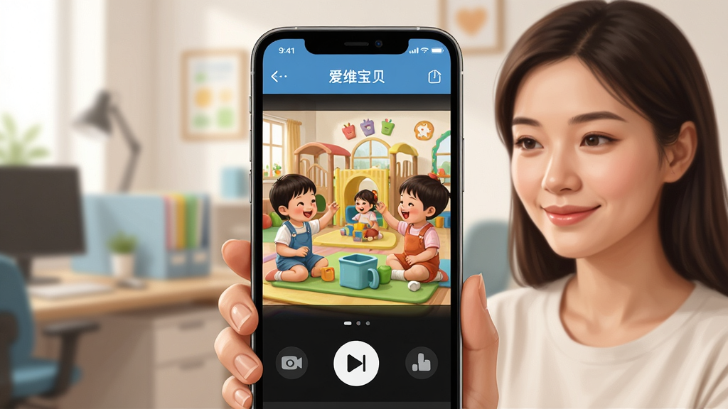 主体为一位年轻妈妈在办公室通过手机观看幼儿园实时画面,脸上露出安心微笑。布局为手机屏幕特写占据画面中央,屏幕内清晰显示“爱维宝贝”APP界面和活泼的幼儿园儿童活动场景。排版上,手机与背景环境形成虚实对比,突出远程观看的便捷感。风格为写实数码插画,色彩明亮温馨,细节包括手机界面上的摄像头标识和播放按钮。画质高清细腻,干净无多余元素。