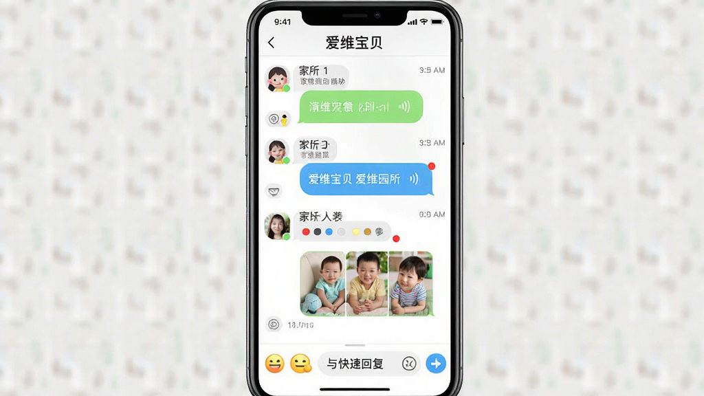 主体是“爱维宝贝”APP内的家园互动聊天界面,布局为手机竖屏全屏展示,顶部是园所名称,中部是家长与老师的对话框,底部是表情与快捷回复栏。排版上,突出消息气泡的层次感与时间线的清晰度。风格为清爽的社交软件界面风格,细节包括未读消息红点、语音条和图片缩略图。画质干净明亮,无多余元素。