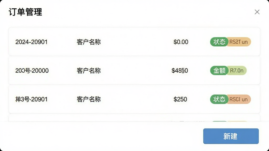 药速宝员工版订单处理功能界面,展示订单列表页面,每条订单显示单号、客户名称、金额和状态标签,底部有新建订单按钮,背景为白色,界面风格简约清晰,文字标签为“订单管理”,画质干净,无多余元素