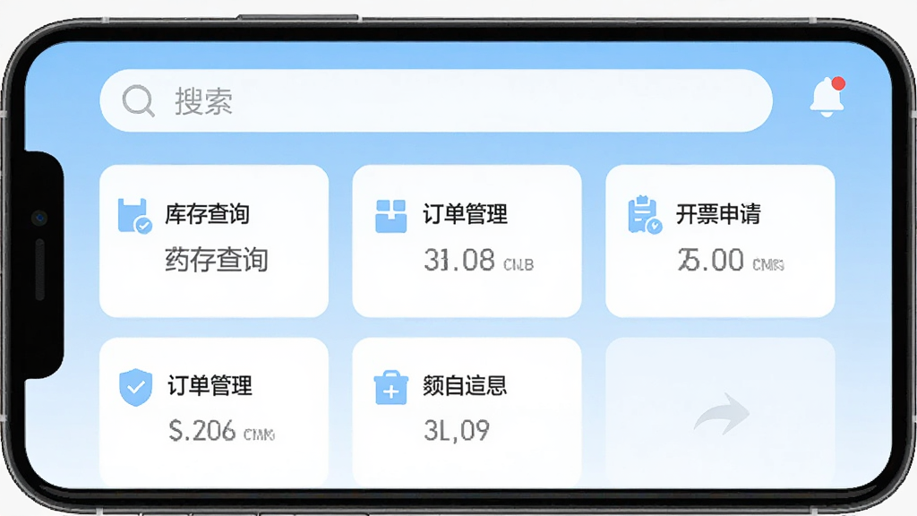 药速宝员工版主界面预览图,展示手机屏幕上的软件首页,上方为搜索栏和通知图标,中间以卡片形式排列库存查询、订单管理、开票申请等主要功能模块,背景为浅蓝色渐变,整体风格简洁商务,界面元素排列整齐,画质干净,无多余元素