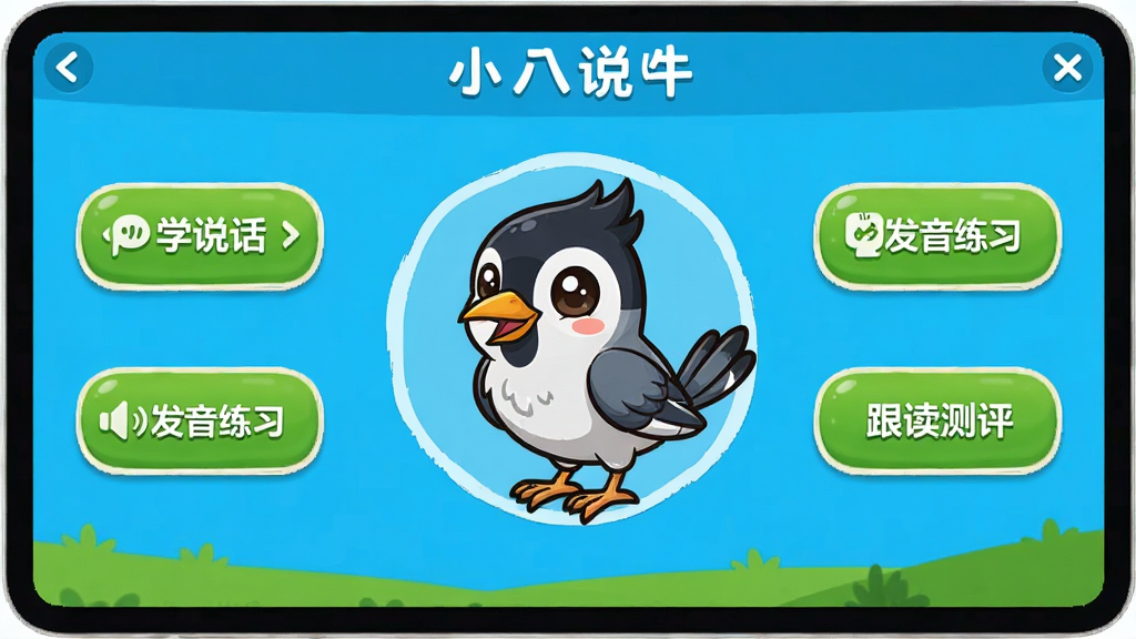 一张展示小八哥软件主界面的高清截图,界面以明亮的蓝色和绿色为主色调,中央是一只可爱的卡通八哥鸟图标,四周环绕着“学说话”、“发音练习”、“跟读测评”等功能按钮,布局清晰,风格活泼,适合儿童和成人用户,画质干净,无多余元素。