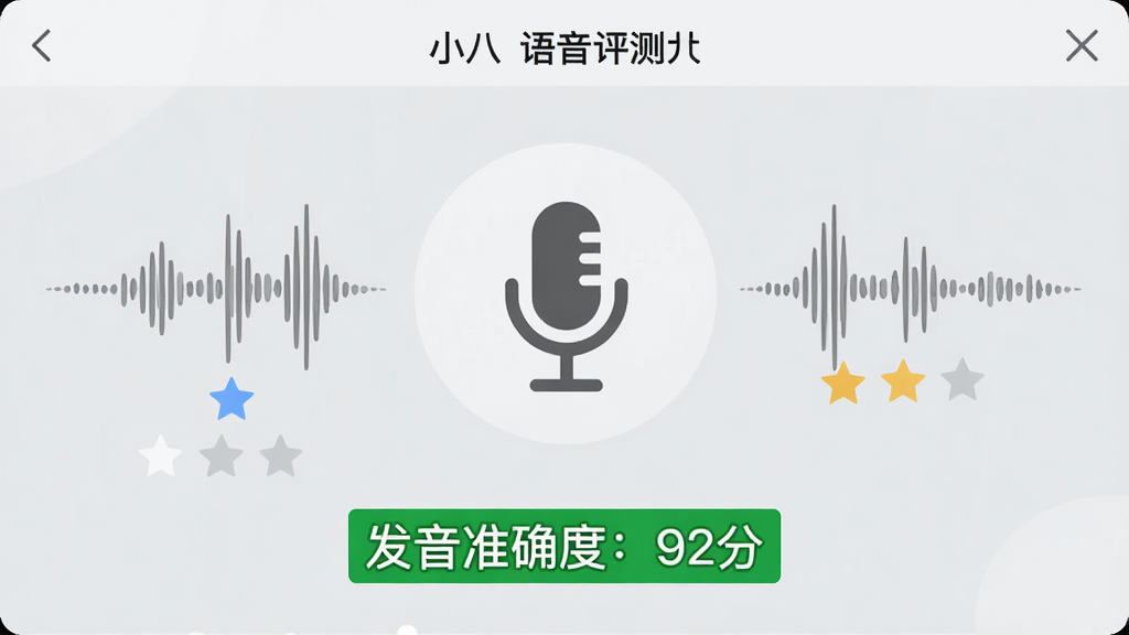 一张展示小八哥语音评测功能的界面截图,屏幕中央有一个大大的麦克风图标,周围分布着波形图和评分星星,底部显示“发音准确度:92分”的绿色高亮字样,背景为浅灰色,界面简洁明了,突出AI评测的精准感,画质干净,无多余元素。
