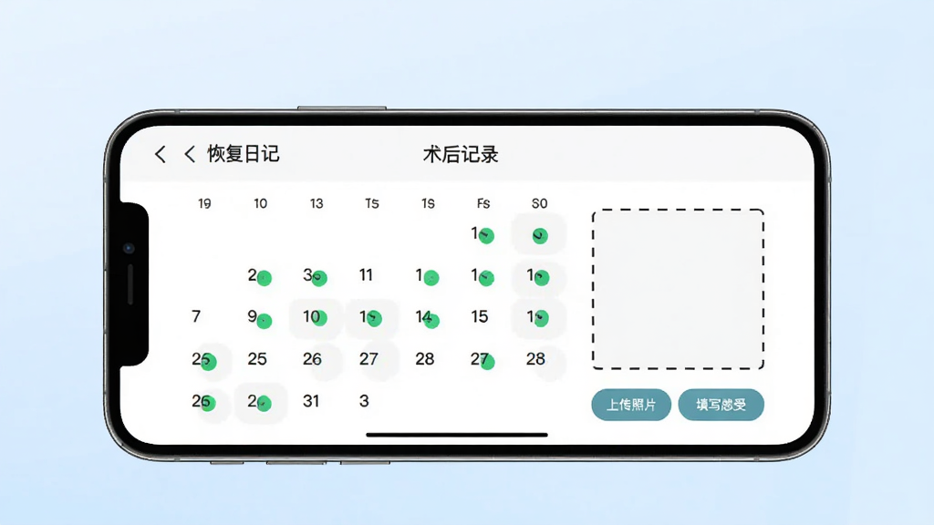 主体:一部智能手机横屏显示百美季的“术后记录”页面,页面中有日历打卡标记和照片上传按钮。布局:手机居中,背景为淡蓝色渐变。排版:日历以网格显示,打卡日期标有绿色圆点,照片上传区域为虚线框。风格:简洁清晰,扁平化设计。细节:页面顶部有“恢复日记”标题,下方有“上传照片”、“填写感受”按钮。画质:高清,干净,无多余元素。