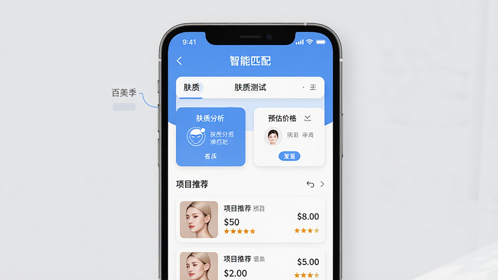 主体:手机屏幕展示百美季的“智能匹配”页面,上方为肤质测试选项,下方为推荐项目列表。布局:手机居中,界面元素清晰排列。排版:测试选项以卡片形式展示,推荐项目带有价格和评分。风格:清新简洁,蓝白配色。细节:界面标注“肤质分析”、“项目推荐”、“预估价格”等文字,背景为浅灰色。画质:高清,干净,无多余元素。