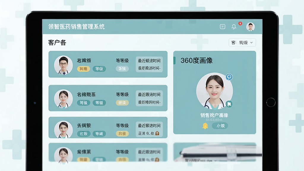 画面主体为“领智医药销售管理系统”的客户管理界面,在平板电脑上显示客户列表及360度画像。布局采用卡片式排列,每个卡片包含客户头像、名称、等级和最近跟进时间。风格为扁平化设计,色彩柔和,以蓝绿色为主。细节突出客户标签和提醒图标,背景带有淡淡的医疗十字标志,画质清晰,界面干净,无多余元素。