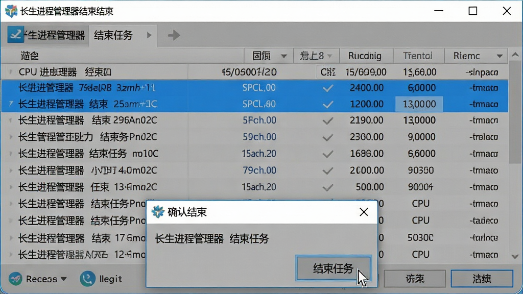 一张展示用户正在使用长生进程管理器结束一个高占用进程的界面截图,鼠标指针悬停在“结束任务”按钮上,进程列表高亮显示一个CPU占用较高的进程,界面下方有“确认结束”弹窗,整体风格专业清晰,文字标注“长生进程管理器 结束任务”,画质干净,无多余元素
