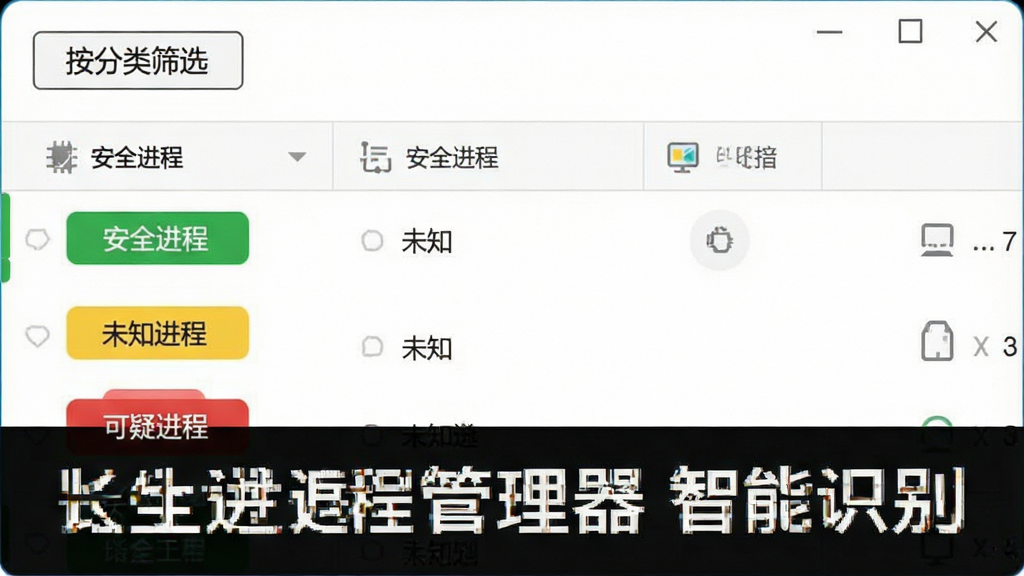 一张展示长生进程管理器智能分类功能的界面截图,进程列表前带有绿色、黄色、红色三种标签,绿色代表安全进程,黄色代表未知进程,红色代表可疑进程,界面顶部有“按分类筛选”按钮,整体风格清晰明快,文字标注“长生进程管理器 智能识别”,画质干净,无多余元素