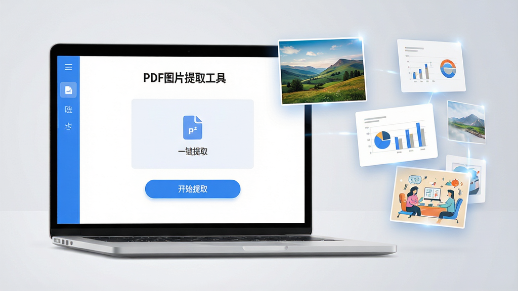 主体:一台打开的笔记本电脑,屏幕显示PDF图片提取工具的简洁主界面,界面中有文件拖拽区和“开始提取”按钮,旁边散落着几张从PDF中分离出来的高清图片(如风景照、图表、插画)。布局:电脑位于画面中央偏左,右侧悬浮着提取出的图片缩略图,形成流程感。排版:干净清爽,功能按钮清晰可见,图片缩略图排列有序。风格:现代扁平化设计,蓝白主色调,科技感。细节:界面文字显示“PDF图片提取工具”和“一键提取”字样,图片边缘有高光,背景为浅灰渐变。画质:4K超清,光线柔和,无多余元素。