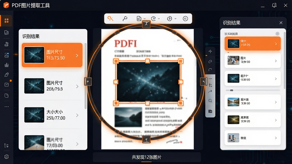主体:一张PDF页面被放大,软件用方框自动框选出其中的图片区域,左侧显示“识别结果”列表,包含图片尺寸和大小。布局:中心为PDF预览区域,周围环绕浮动工具栏,右侧为识别结果面板。排版:信息分层清晰,方框颜色为高亮橙色,结果列表为白色卡片式。风格:科技感UI,深色背景搭配亮色元素。细节:软件名称“PDF图片提取工具”出现在左上角,识别框边缘有锚点,底栏显示“共发现12张图片”。画质:高分辨率,细节锐利,无多余元素。