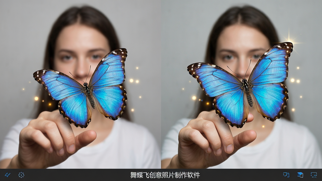 一张软件功能演示图,左侧为原始人物照片,右侧为合成后的效果,人物指尖停留着一只蓝色闪蝶,翅膀纹理清晰可见,周围有细微的光斑,界面下方有“舞蝶飞创意照片制作软件”工具条,整体布局左右对称,风格写实,画质清晰干净
