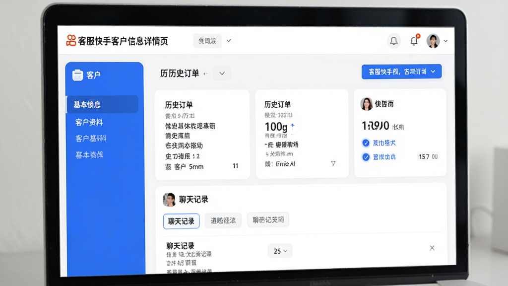 客服快手客户信息详情页,展示客户基本资料、历史订单、聊天记录标签,界面信息层级分明,现代简约设计,蓝色点缀,画质高清